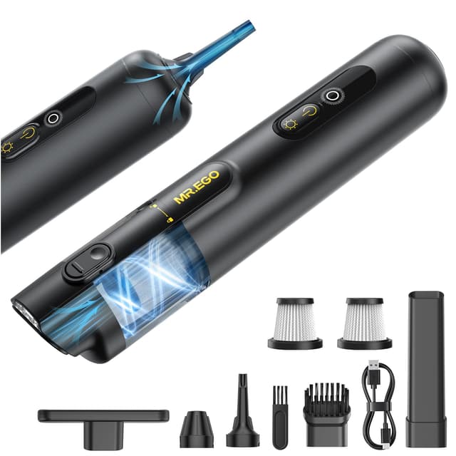 Mr.ego Car Vacuum Portable Cordless, 20000Pa Mini Vacuum Cleaner & Air Duster, 100,000 RPM Brushless Motor Handheld Vacuum with LED Light and Multi-Nozzles for Car, Home, Office, Pet (Black)