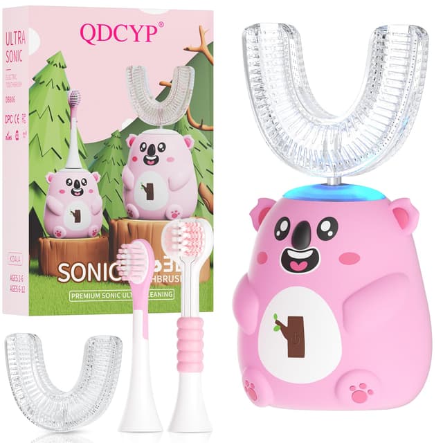 QDCYP Kids U Shaped Electric Toothbrush, Automatic 360° Sonic Cleaning, 6 Modes, 4 Brush Heads, Cute Cartoon Koala Design (2-6 Age (Pink))