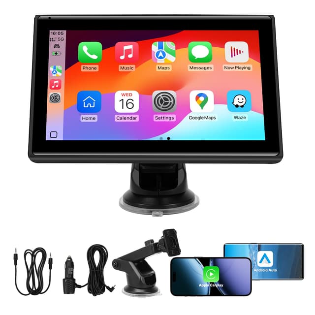 7" Portable Wireless CarPlay Screen for Car β Apple CarPlay & Android Auto, HD Touch Screen Car Stereo, Bluetooth, GPS Navigation, Voice Control, Plug-and-Play with FM/AUX/Mirror Link (Black)