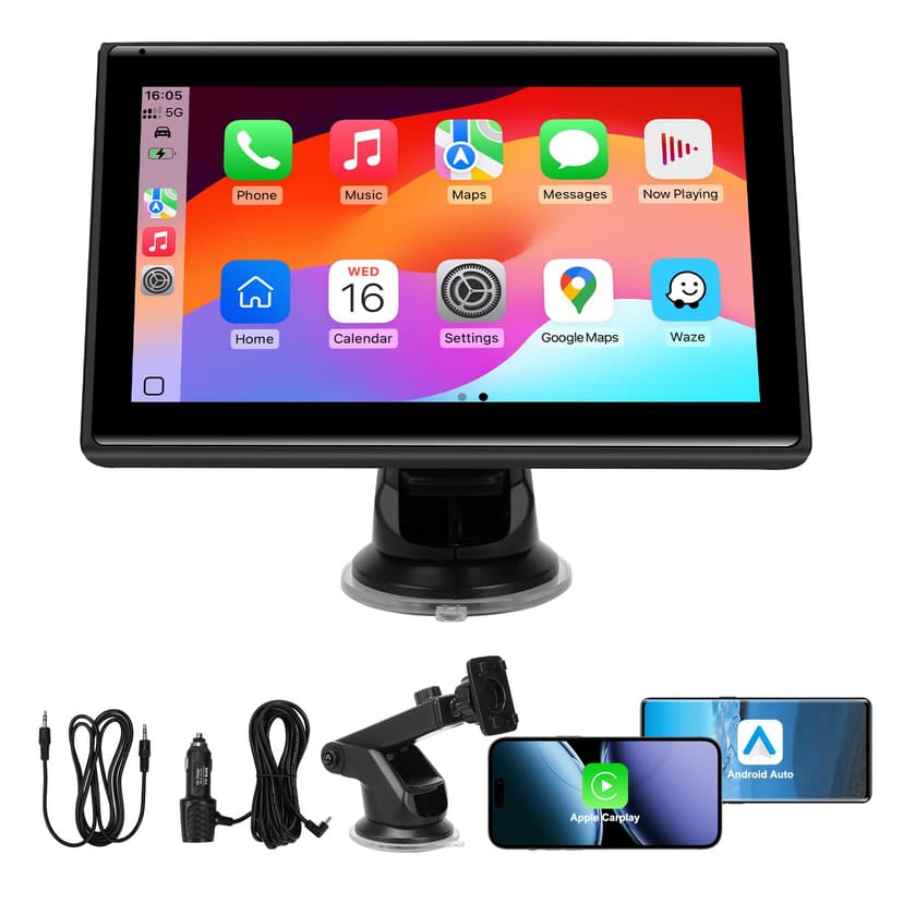 7" Portable Wireless CarPlay Screen for Car – Apple CarPlay & Android Auto, HD Touch Screen Car Stereo, Bluetooth, GPS Navigation, Voice Control, Plug-and-Play with FM/AUX/Mirror Link (Black)