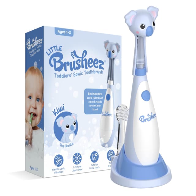 Brusheez Little Toddlers’ Sonic Toothbrush - Safe & Gentle Toothbrush for Ages 1-3 with Built-in, Light-Up 2-Minute Timer, Extra Brush Head, & Storage Base for First-Time Brushers (Kiwi The Koala)