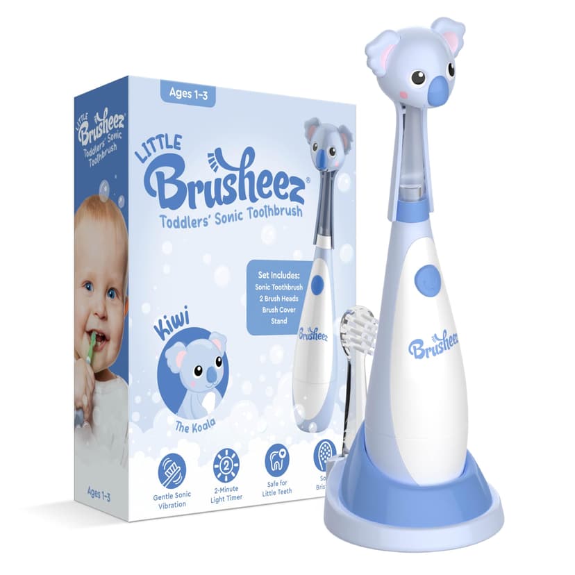 Brusheez Little Toddlers’ Sonic Toothbrush - Safe & Gentle Toothbrush for Ages 1-3 with Built-in, Light-Up 2-Minute Timer, Extra Brush Head, & Storage Base for First-Time Brushers (Kiwi The Koala)