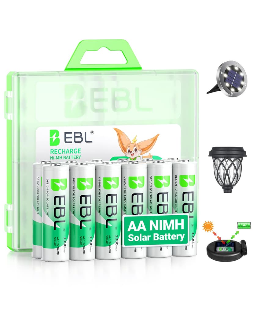EBL Solar AA Battery Rechargeable Batteries for Outdoor Solar Lights, 1300mAh NIMH Pre-Charged 1.2V Recharge up to 1200x Times for Garden Landscaping String Lights, Pack of 12