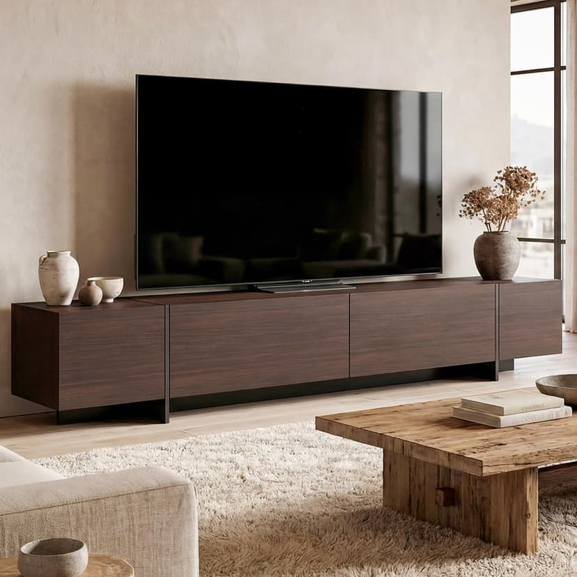AIEGLE 95.1" W TV Stand with 4 Flip-Down Drawers, Modern Entertainment Center with Storage, Media Console Table TV Cabinet, Dark Brown