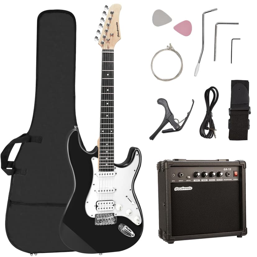 Soulmate Electric Guitar Kit for Beginner 39 Inch Full Size HSS Pick Up Right Handed Starter Solid Body Electric Guitar, with Amplifier, Bag, Capo, Strap, String,Cable, Picks, Black