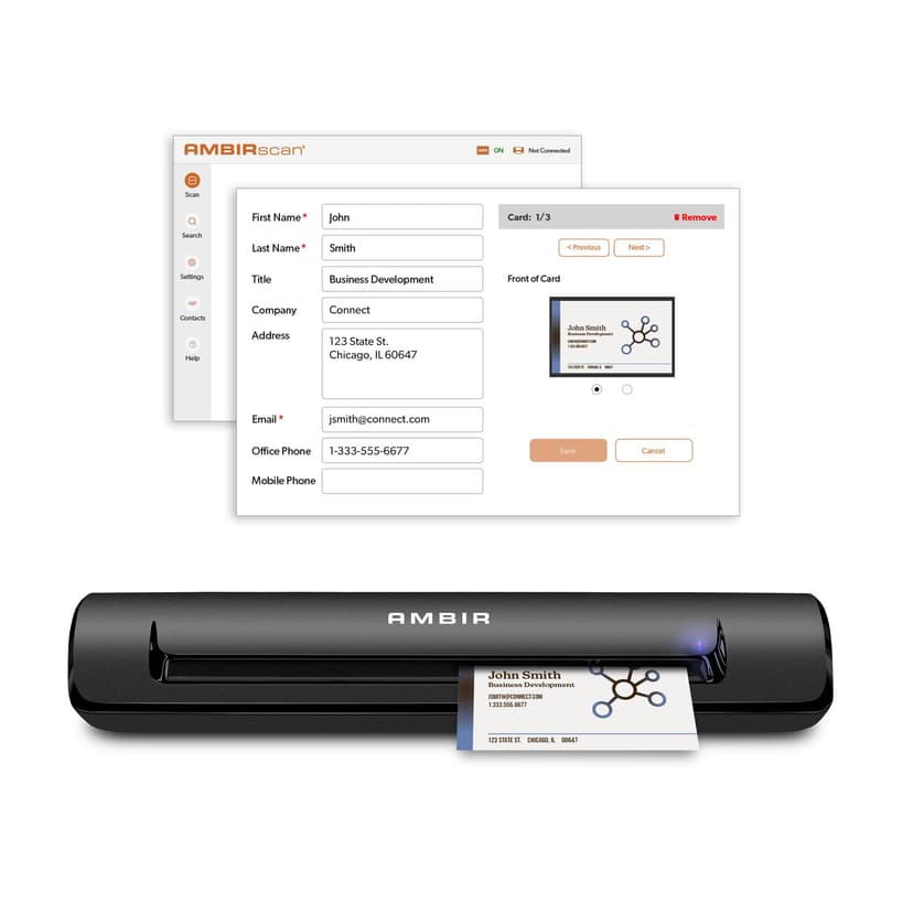 Ambir TravelScan Pro 600-BCS Simplex Document Scanner with AmbirScan Business Card for Windows PC and MAC