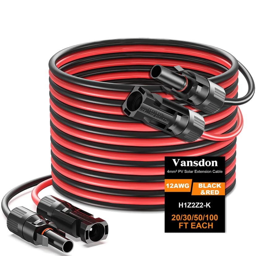 Vansdon 2x100 Feet Solar Panel Extension Cable, 12AWG Solar Panel Cable Solar Wire with Female and Male Waterproof Connectors for RV, Photovoltaic Systems (100FT Red + 100FT Black)