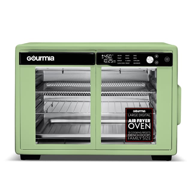 Gourmia French Door Air Fryer Oven - 37 Qt Large Capacity Convection Toaster Oven, FryForce 360°, Digital Display, 12 Cooking Presets, Dehydrate, Fits 13” Pizza, Dishwasher-Safe, Green
