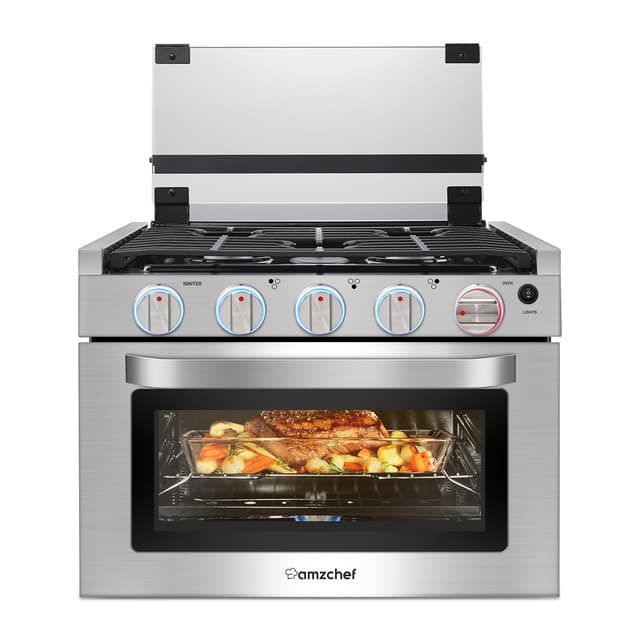 AMZCHEF RV Gas Range 17 Inches Tall, 1.24 Cu.Ft Propane Range Oven with 3 Burners Stove for RV, Apartment, Mobile Home, Stainless Steel.