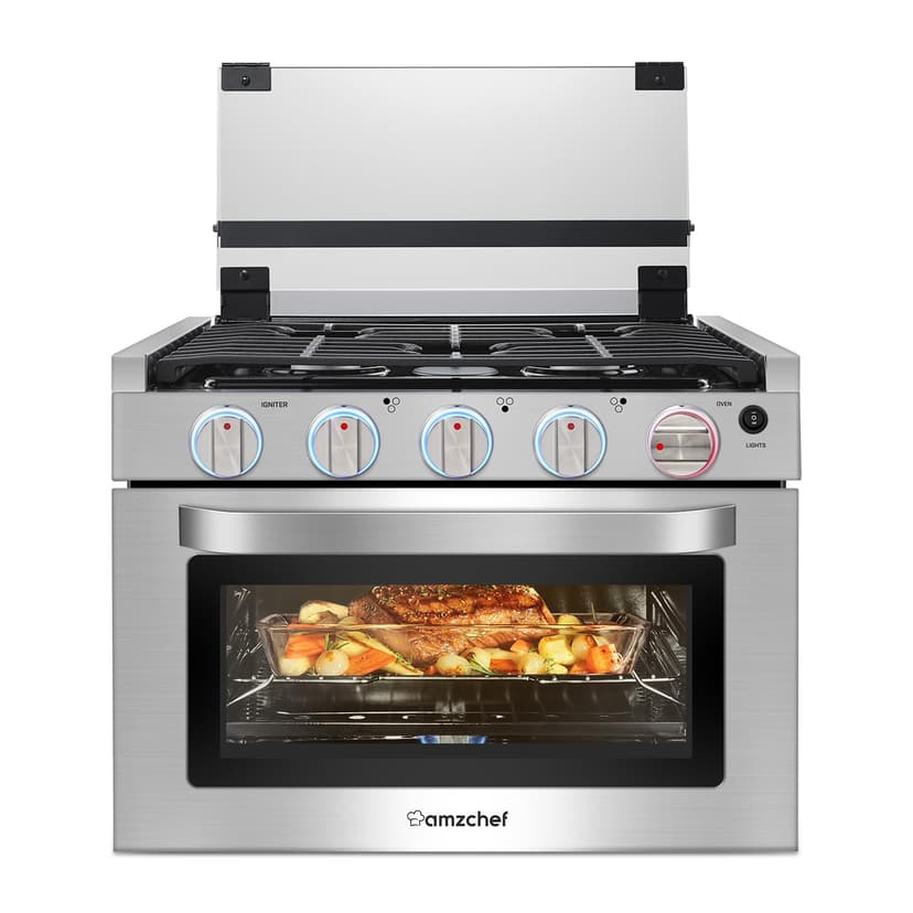 AMZCHEF RV Gas Range 17 Inches Tall, 1.24 Cu.Ft Propane Range Oven with 3 Burners Stove for RV, Apartment, Mobile Home, Stainless Steel.