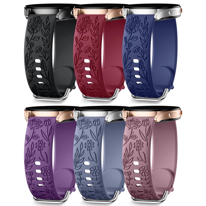 SNBLK Floral Engraved Bands Compatible with Samsung Galaxy Watch Band 7 6 5 4 Active 2 40mm 44mm/5 Pro/Watch 3, 6 Pack 20mm Flower Soft Silicone Replacement Strap for Samsung Watch 7 Bands for Women