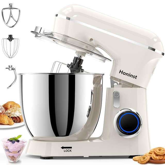 Honinst Stand Mixer, 6.5QT 10-Speed Tilt-Head Electric Stand Mixer, 3-In-1 Kitchen Mixer with Bowl, Dough Hook, Whisk and Beater, Food Mixer for Baking, Cake and Most Home Cooks, Beige
