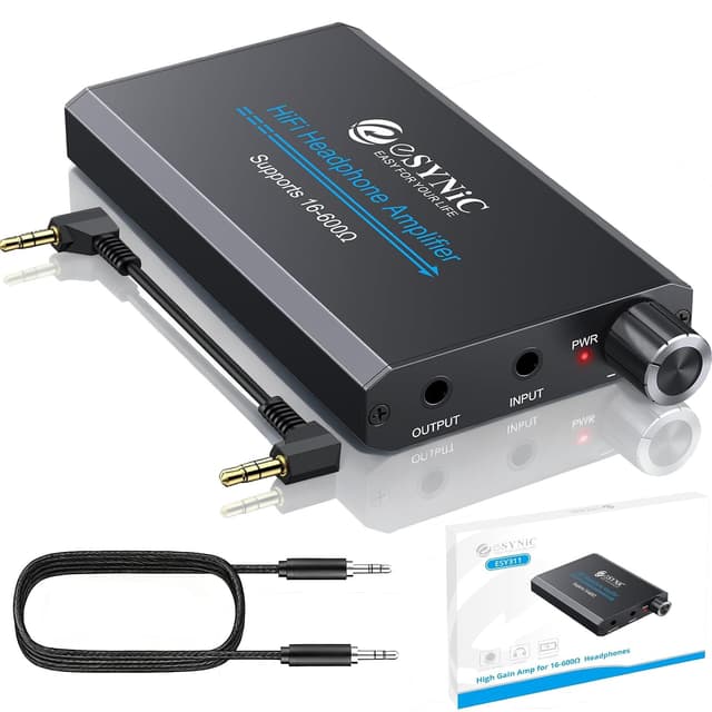 eSynic 16-600Ω Headphone Amplifier Portable - HiFi 3.5MM Audio Headphone Amp Rechargeable with 2-Stage Gain Switch-Aluminum Alloy Case &12H Playtime-0.0005% THD for MP3/Phone/PC/Laptop/Car (3.5mm AUX)