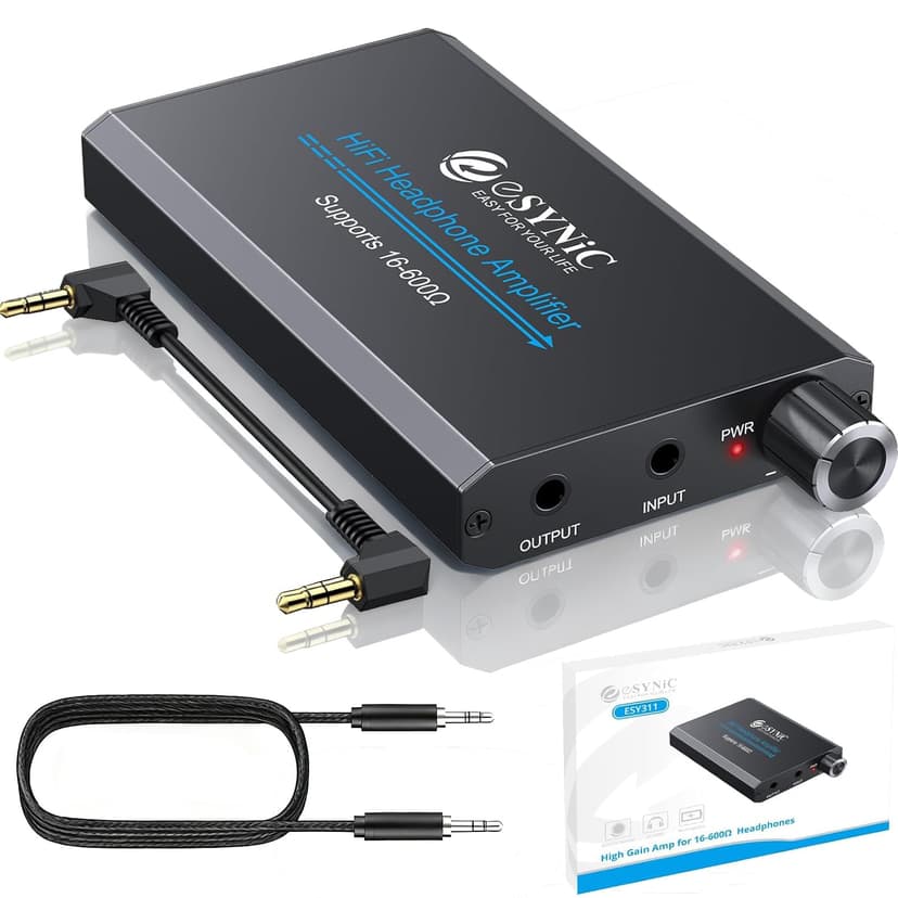eSynic 16-600Ω Headphone Amplifier Portable - HiFi 3.5MM Audio Headphone Amp Rechargeable with 2-Stage Gain Switch-Aluminum Alloy Case &12H Playtime-0.0005% THD for MP3/Phone/PC/Laptop/Car (3.5mm AUX)
