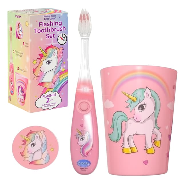Lily's Home Kids Flashing Timer Toothbrush Kids with Soft Bristles, Rising Cup & Cover - Fun 2-Min Light-Up Brushing for Children - Toddler Soft Toothbrush Kit (Unicorn)