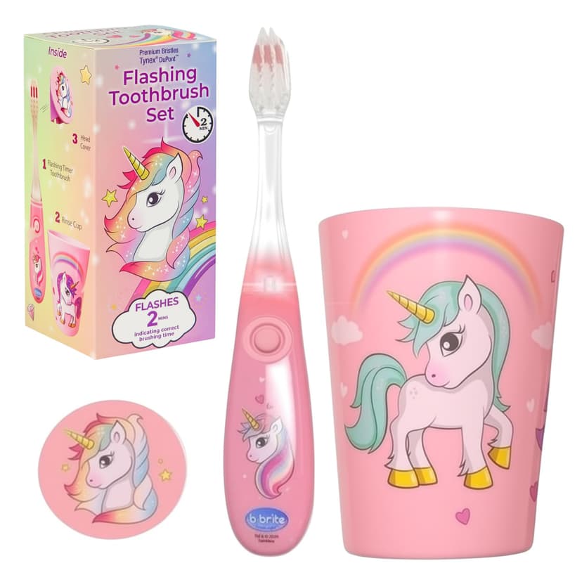 Lily's Home Kids Flashing Timer Toothbrush Kids with Soft Bristles, Rising Cup & Cover - Fun 2-Min Light-Up Brushing for Children - Toddler Soft Toothbrush Kit (Unicorn)