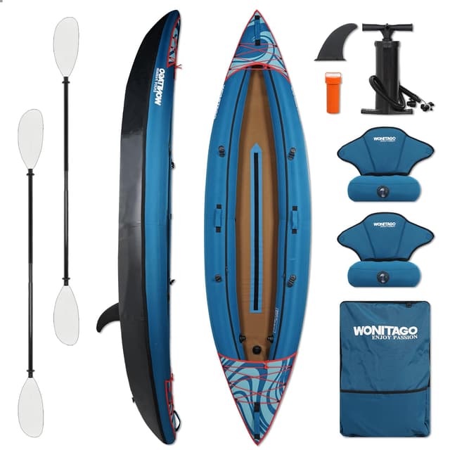 WONITAGO Inflatable Kayak, Recreational Touring Kayak with Adjustable Kayak Paddle, Hand Pump and Carrying Bag, 2 Person, Blue