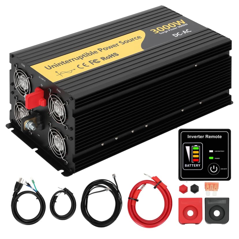 New Upgrade 3000W Pure Sine Wave Inverter Charger, Auto Transfer Switch, Remote Control, DC 12V to 120V AC with LCD Display, Ideal for Off-Grid & Emergency Power