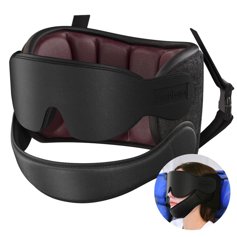 SARISUN Airplane Pillow Combo with Chin Strap, Travel Pillows for Airplanes with Sleep Eye Mask, Plane Head Strap for Long Flights, Car Road Trip, 360° Headrest, Stop Bobblehead Travel Essential, Red