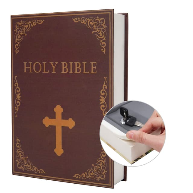 Real Paper Transfer Book Safe, Hollow with Secret Hidden Compartment, Key Lock, 8.7"×6"×2" (Bible-Key)