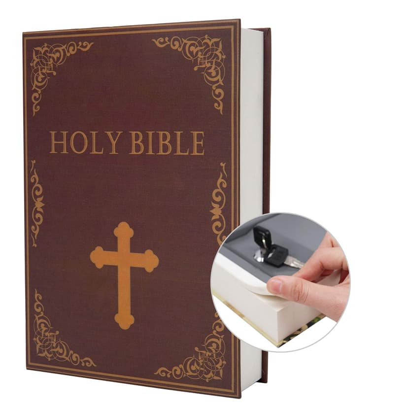 Real Paper Transfer Book Safe, Hollow with Secret Hidden Compartment, Key Lock, 8.7"×6"×2" (Bible-Key)