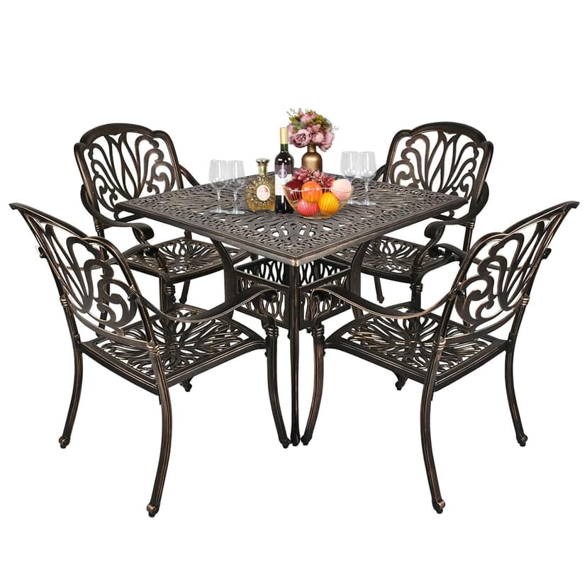 VINGLI 5 Pieces Outdoor Patio Dining Set, Cast Aluminium Patio Furniture Set with 4 Chairs and 1 Umbrella Table for Yard, Garden, Porch and Poolside, Bronze