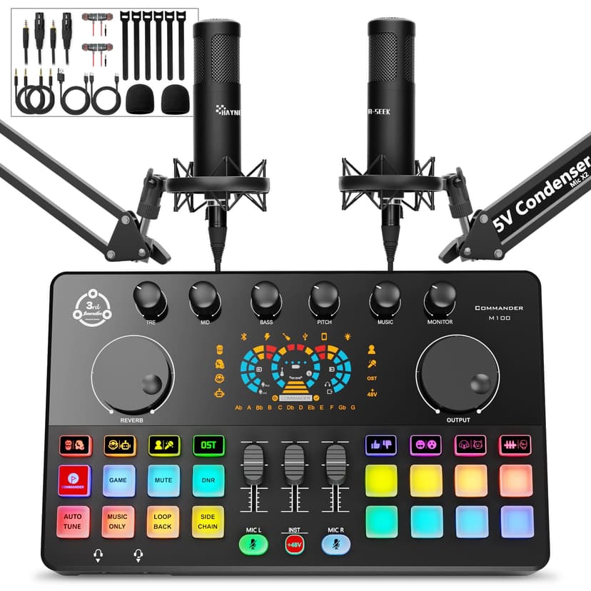 Podcast Equipment Bundle for 2, Audio Interface with Condenser Microphone, Voice Change, DJ Mixer for Streaming, Podcast Recording COMMANDER M100 3rd