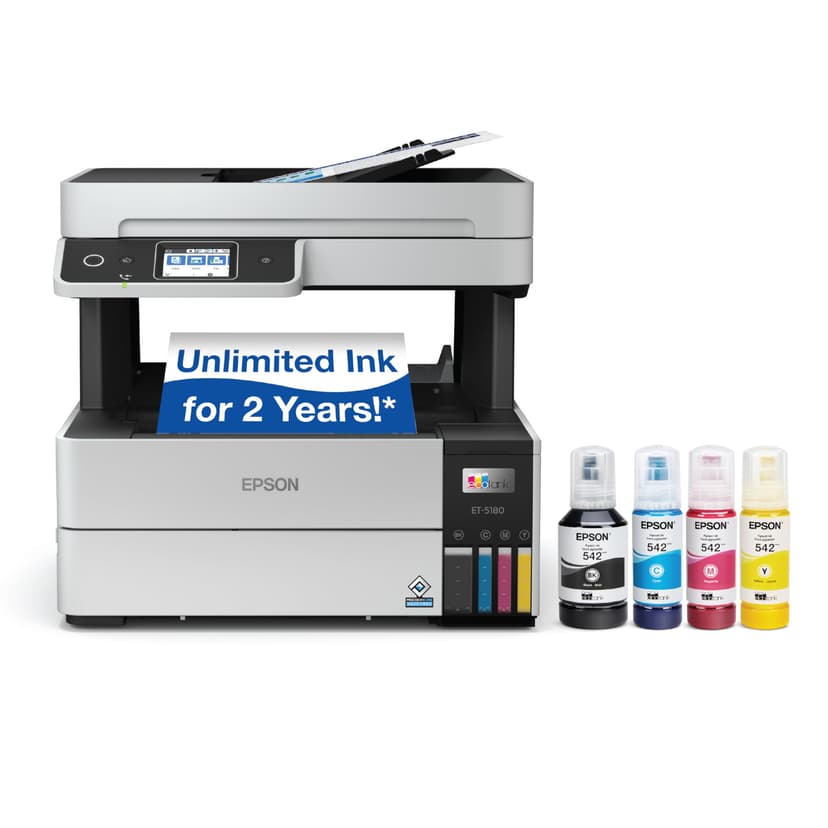 Epson EcoTank Pro ET-5180 Wireless Color All-in-One Supertank Printer with Scanner, Copier, Fax Plus Auto Document Feeder and PCL/Postscript, White, Large