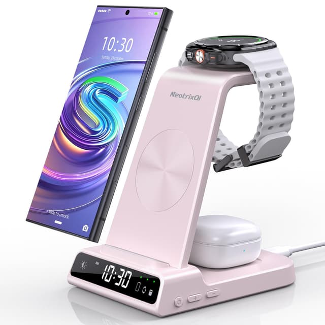 Wireless Charger Samsung Charging Station: 3 in 1 Android Charging Stand with Dimmable Clock - Nightstand Organizer for Galaxy S25 Ultra S24, Galaxy Watch 8 7 6 5 4, Galaxy Buds, Space-Saving Charger