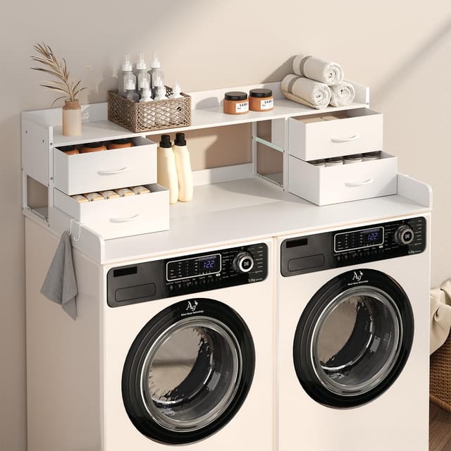4 Drawers Washer Dryer Countertop with Shelf, 27.5" D x 54" W Laundry Topper with 3.54" High Guardrails and Non-Slip Pads,Extra Storage Organizer for Over Washer and Dryer, Holds 66 Lbs,White