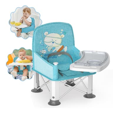 Baby Travel Booster Seat with Double Tray, BabyBond Upgraded Toddler Portable Baby Chair, Booster Seat for Dining Table, Stable and Foldable Booster Baby Chair for Indoor/Outdoor (Blue Sea World)