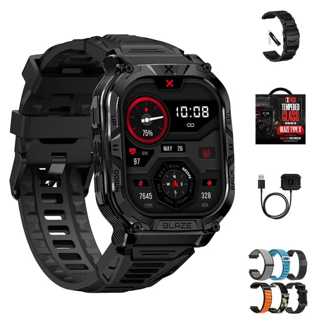 CARBINOX Blaze Smart Watch with GPS (Sport Mode), Fitness Tracker Waterproof IP69K, Compatible with Android and iOS, 170+ Sports Modes, Make/Receive Calls (Square Ultimate Pack)