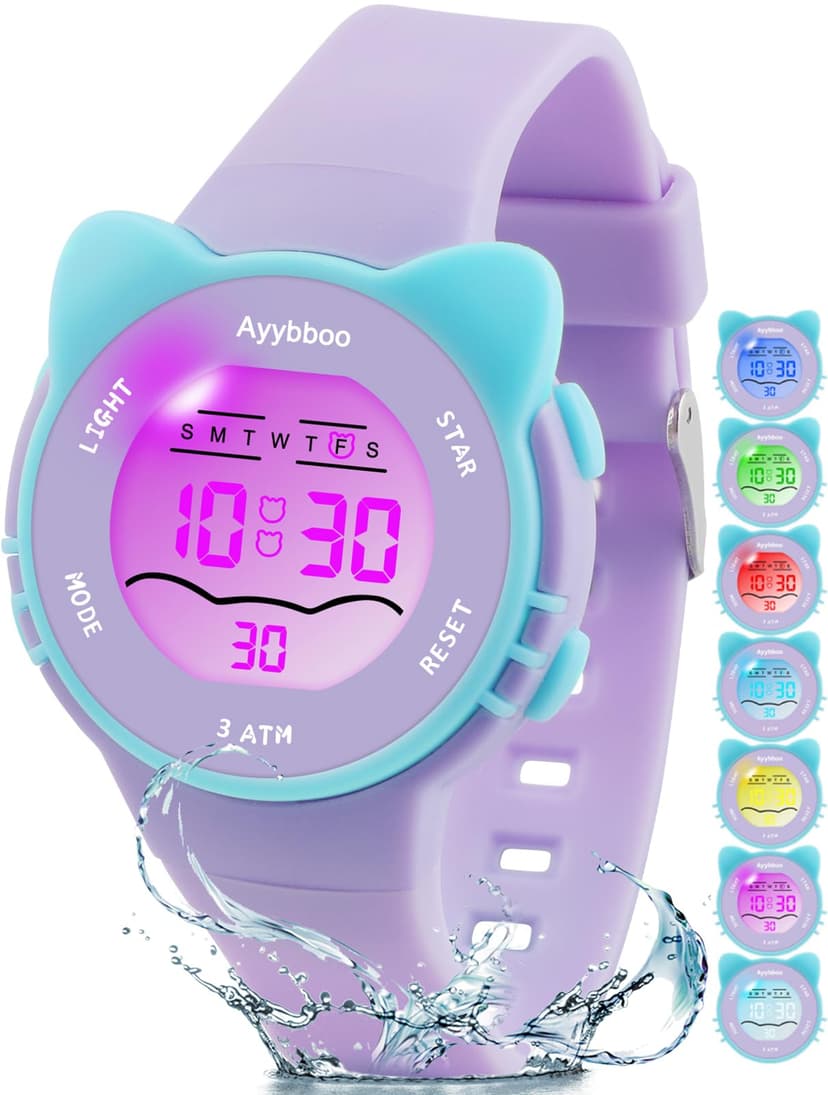 Ayybboo Kids Digital Watches for Girls Boys, 7 Color Lights Waterproof Cute Wristwatches for Kids with Alarm Stopwatch, Great Present for Girls Boys Ages 5-13