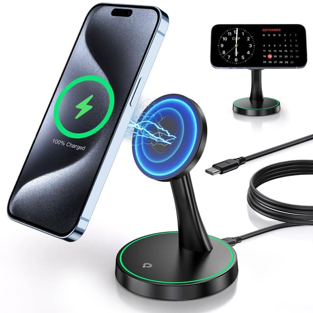 Magnetic Wireless Charger Stand 15W Fast Mag-Safe Charger for iPhone 17/17 pro/ 17 Air/ 17 pro max 16/15/14/13/12 Series Magnet Wireless Charging Station/Pad with Sleep-Friendly Light for AirPods