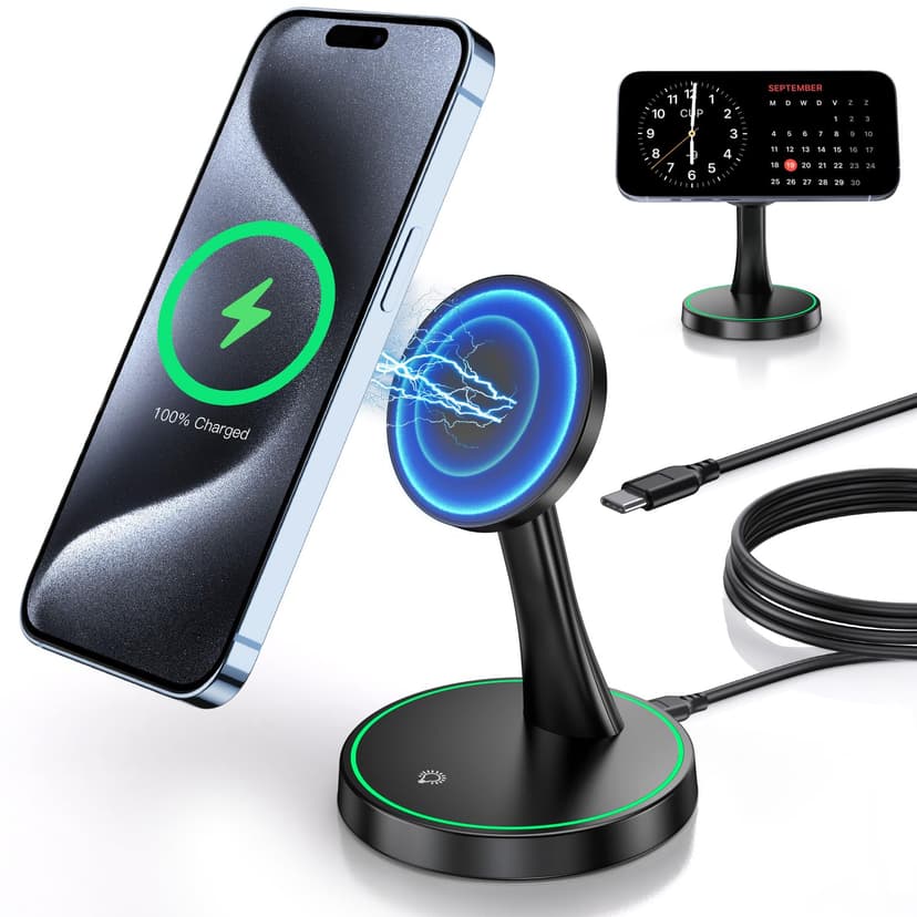 Magnetic Wireless Charger Stand 15W Fast Mag-Safe Charger for iPhone 17/17 pro/ 17 Air/ 17 pro max 16/15/14/13/12 Series Magnet Wireless Charging Station/Pad with Sleep-Friendly Light for AirPods