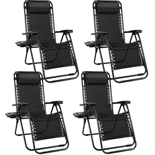 NEWBULIG Zero Gravity Chair Set of 4, Lounge Chair Folding Portable Adjustable Camping Reclining Chairs with Adjustable Pollow, Mesh Back, Cup Holder Trays Lawn Patio Chair for Pool Beach - Black
