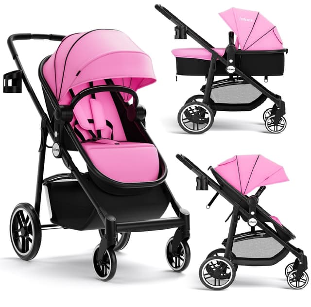 INFANS 2 in 1 Baby Stroller, High Landscape Infant Stroller & Reversible Bassinet Pram, Foldable Pushchair with Adjustable Canopy, Storage Basket, Cup Holder, Suspension Wheels (Pink)