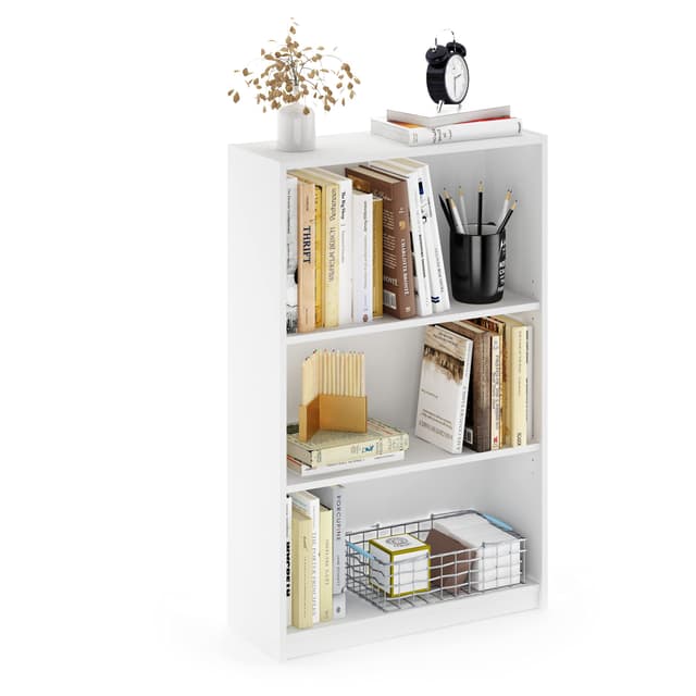 Furinno Jaya Book Shelf, 3-Tier Bookshelf, Bookcase with Adjustable Shelves, 9.5 x 24.5 x 40.3, for Living Room, Bedroom, Home Office, White