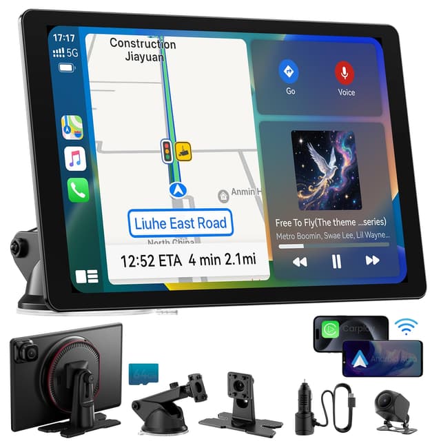 11" Extra Large Wireless Apple CarPlay Screen for Car – Ultra-Slim 0.16 Inch Touchscreen Car Stereo with Android Auto, 4K Dash Cam, 1080p Backup Camera, GPS, Mirror Link, Voice Control