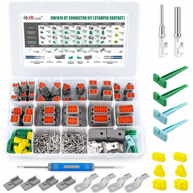 JRready DW1018 2 3 4 6 8 12 Pin Deutsch Connector Kit, IP68 Waterproof Electrical Automative DT Connectors Kit with Size 16 Stamped Contacts Pin Removal Tools and 14AWG Yellow Seals