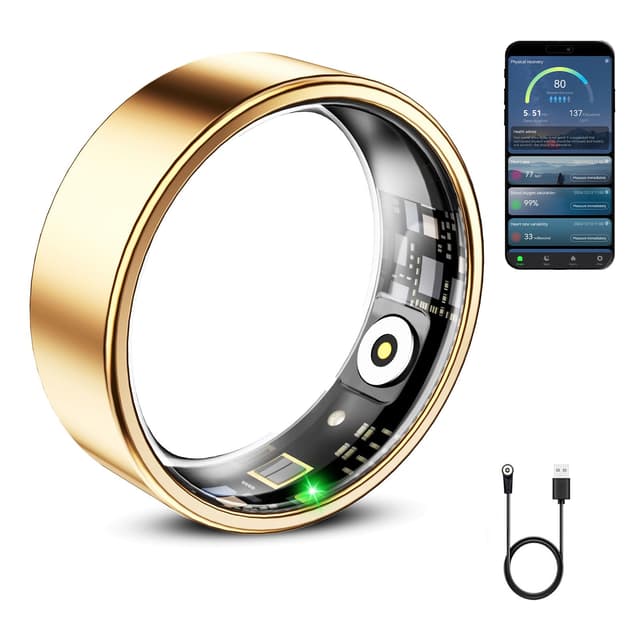 Mirlray Smart Ring for Women & Men, Smart Ring Health Tracker, Blood Oxygen & Heart Rate Monitor, Long Lasting Battery Sleep Ring, Waterproof Fitness Ring (Gold, 7)