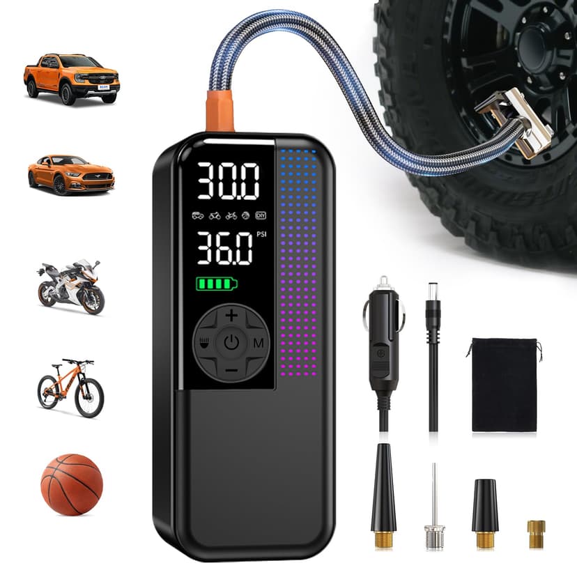 Tire Inflator Portable Air Compressor, 150 PSI Cordless Air Pump, Dual Power 6000mAh, 12V DC Car Plug, Fast Inflation 24L/Min, Auto Shut-Off, LED Light, 4 Preset Modes for Car, Bike, Motorcycle, Balls