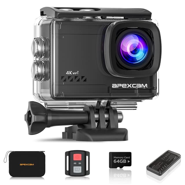 Apexcam 4K 60FPS 64MP EIS WiFi Action Camera with 64GB Memory Card Waterproof Underwater Camera 40M Sport Camera 2.0'LCD 2.4G Remote Control 2X1350mAh Batteries and Multiple accessorie