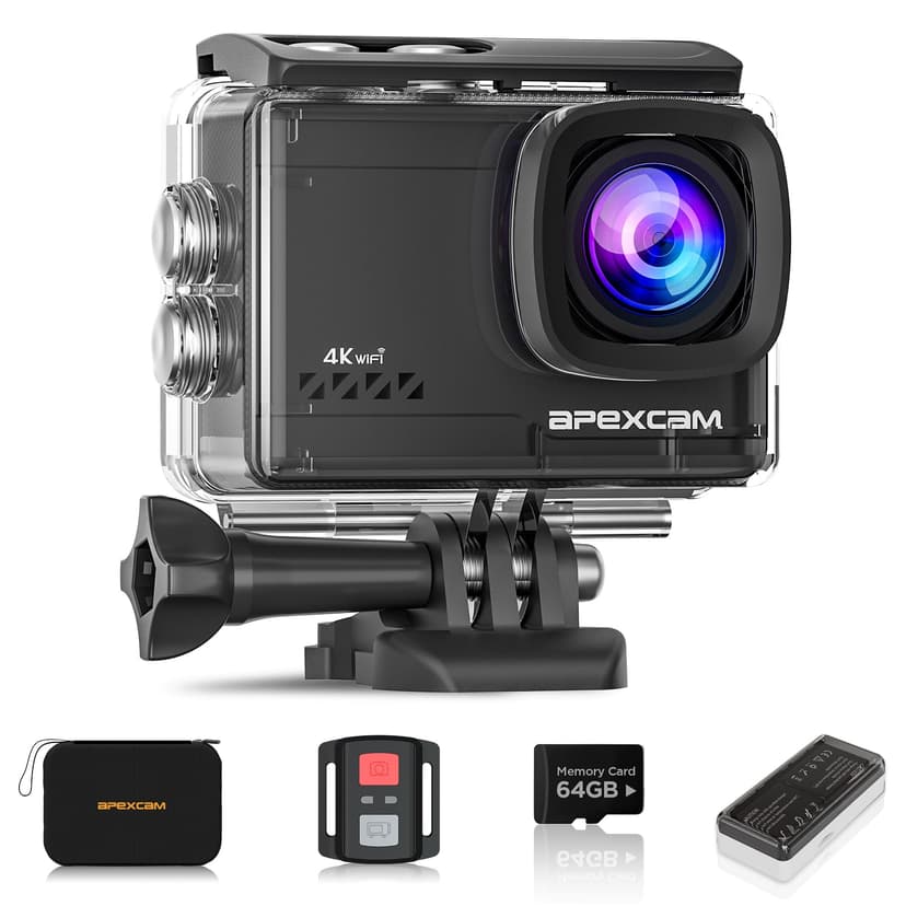 Apexcam 4K 60FPS 64MP EIS WiFi Action Camera with 64GB Memory Card Waterproof Underwater Camera 40M Sport Camera 2.0'LCD 2.4G Remote Control 2X1350mAh Batteries and Multiple accessorie