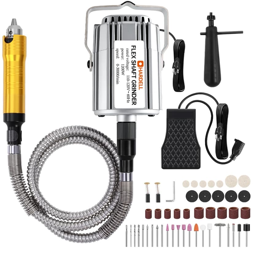 1200W Flex Shaft Grinder, 30000RPM Variable Speed Flex Shaft Rotary Tool Kit with 46pcs Accessories, 0-1/4" Universal Chuck Hanging Grinder for Polishing, Carving, Silver, Wood, DIY Creating