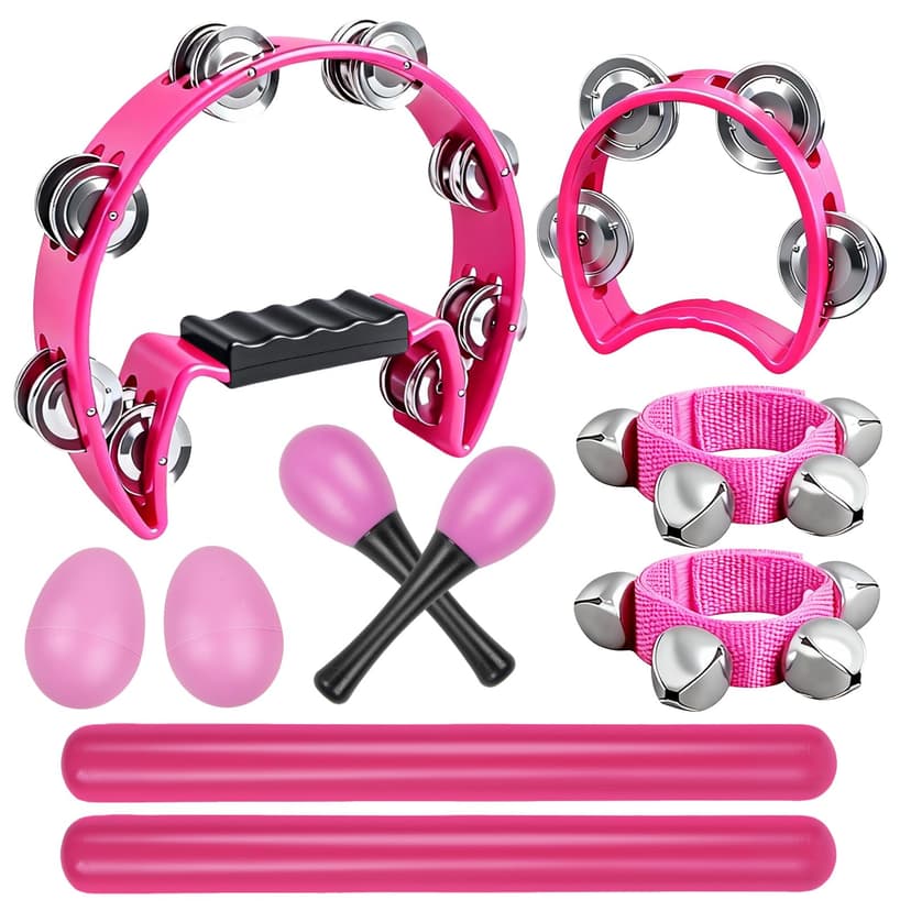 10 Pcs Pink Tambourines for Adults - Half Moon Tambourine, Wood Rhythm Sticks, Bells Tambourine, Wrist Bells, Egg Shakers, a Pair Maracas, Musical Percussion Instrument Set for Church, Party