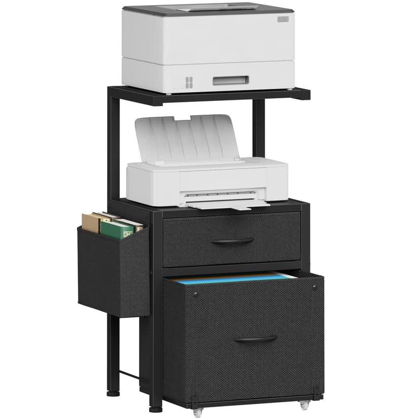 HIGDBFE 2-Drawer File Cabinet, Filing Cabinet with 2-Tier Printer Shelves, Office Cabinets with Side Bag&File Drawer for A4/Letter Size, Printer Stand with Storage for Home Office, Black, 16.5" W