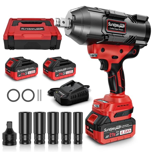 SundpeyPRO Cordless Impact Wrench 1600Ft-lbs - 2100N·m High Torque Impact Gun with 2 * 4.0Ah Battery - 3/4 Inch Brushless Impact Driver with 3/4" to 1/2" Adapter & 5 Sockets & Case for Car Truck Home