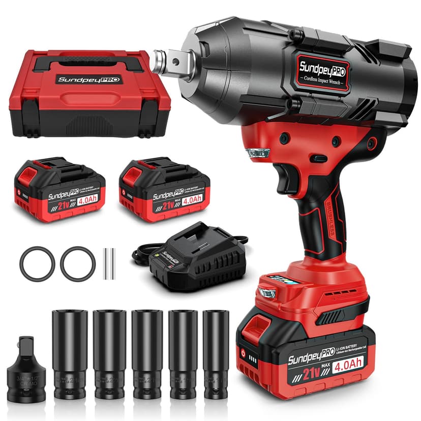 SundpeyPRO Cordless Impact Wrench 1600Ft-lbs - 2100N·m High Torque Impact Gun with 2 * 4.0Ah Battery - 3/4 Inch Brushless Impact Driver with 3/4" to 1/2" Adapter & 5 Sockets & Case for Car Truck Home