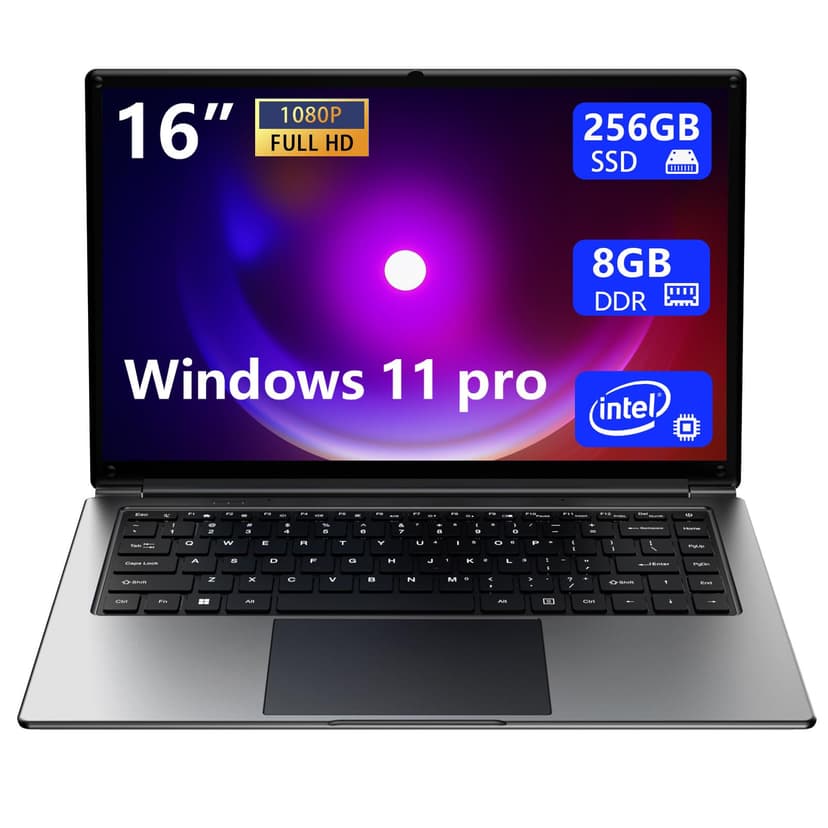 laptop 16-inch , 8GB DDR 256GB SSD portable laptop computer, expandable to 1TB, Pentium quad-core CPU up to 2.64 GHz, 9000mAh battery, interface, USB3.0 interface, dual-band WiFi, webcam, slim laptops